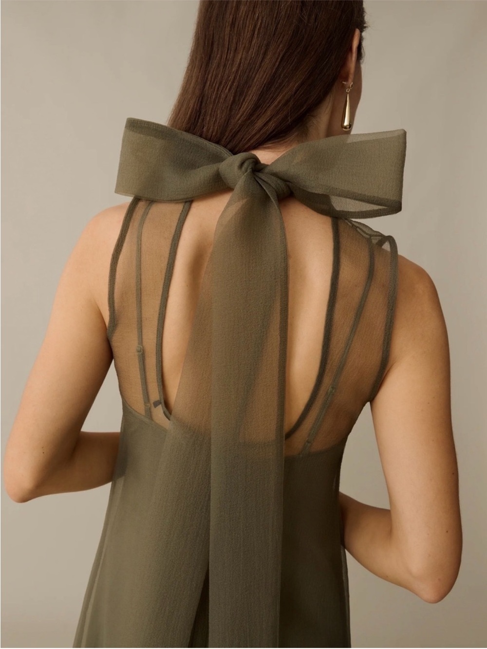 CAARA Alette Organza Maxi Dress  Sleeveless High-Neck Back Bow in Grey Moss NEW - Picture 8 of 14